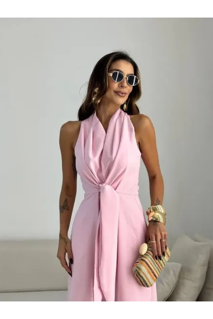 İthal Hürrem Kumaş Bağlama Detay Tulum Pembe