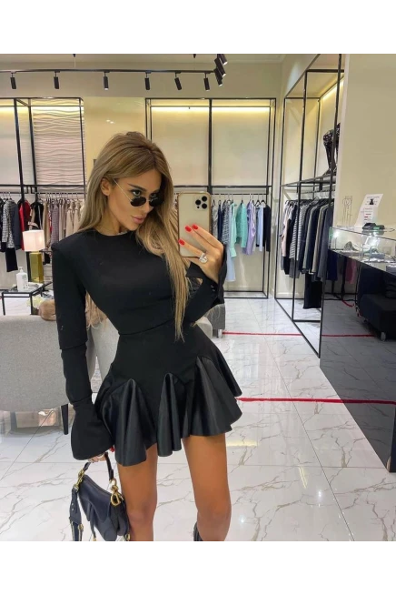 İthal Krep Kumaş Deri Detay Elbise