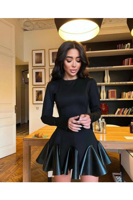 İthal Krep Kumaş Deri Detay Elbise