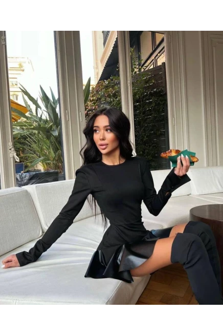 İthal Krep Kumaş Deri Detay Elbise