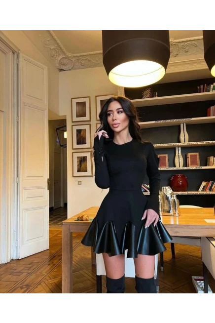 İthal Krep Kumaş Deri Detay Elbise