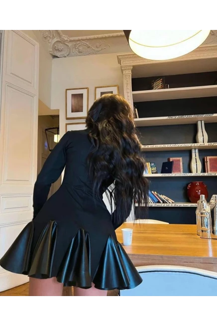 İthal Krep Kumaş Deri Detay Elbise