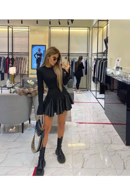 İthal Krep Kumaş Deri Detay Elbise