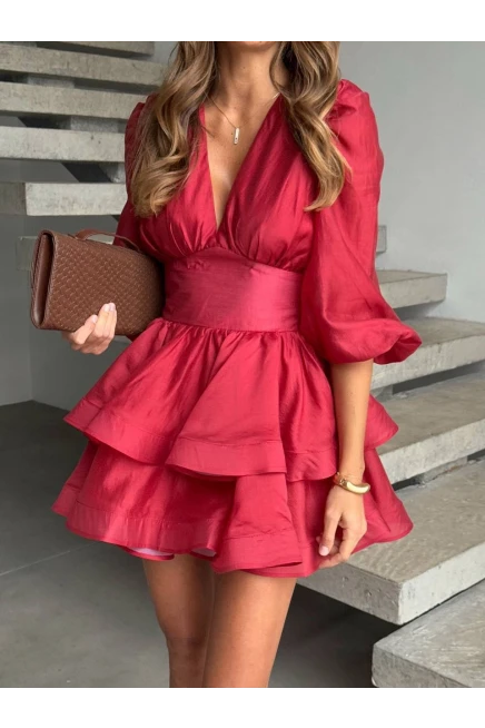 İthal Poplin Kumaş Tarlatan Detay Kırmızı Elbise