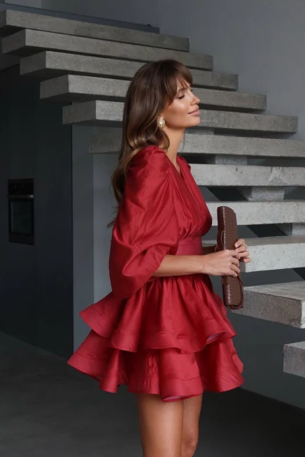 İthal Poplin Kumaş Tarlatan Detay Kırmızı Elbise