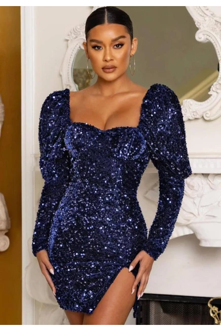 İthal Pulpayet İşlemeli Kadife Mini Elbise