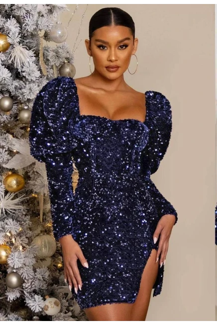 İthal Pulpayet İşlemeli Kadife Mini Elbise