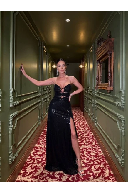 İthal Pulpayet Yırtmaçlı Maxi Elbise