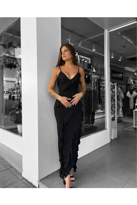 İthal Sandy Kumaş Yırtmaç Detaylı Maxi Boy Elbise Siyah