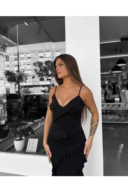 İthal Sandy Kumaş Yırtmaç Detaylı Maxi Boy Elbise Siyah