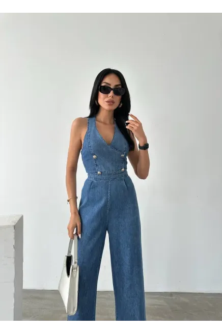 İthal Tensel Denim Tulum Düğme Detay