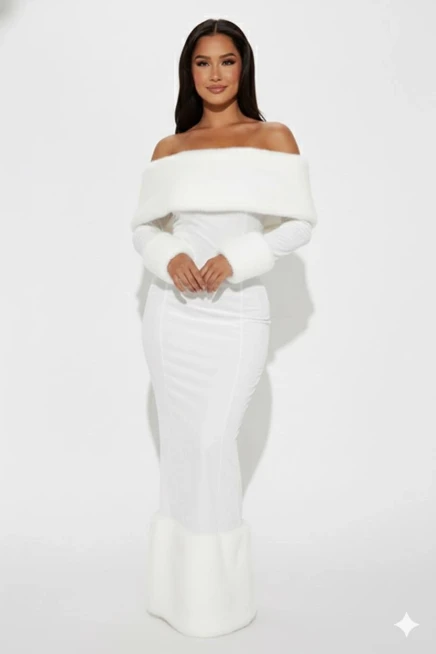Kadife Kumaş Kürk Detaylı Maxi Elbise Beyaz