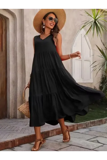 Kadın Askılı V Yakalı Uzun Dokuma Viskon Elbise , 33041