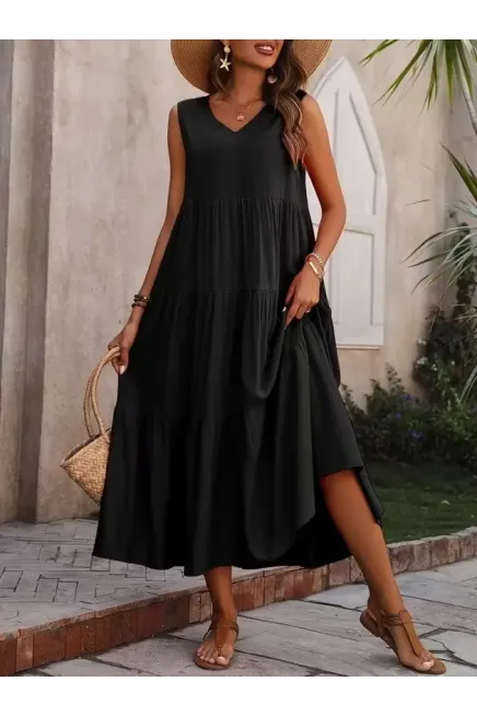 Kadın Askılı V Yakalı Uzun Dokuma Viskon Elbise , 33041