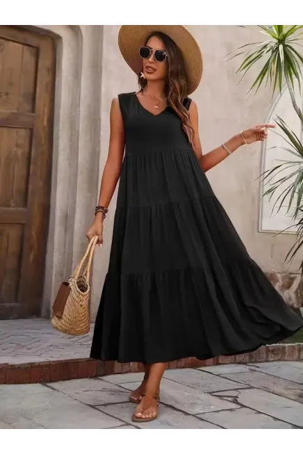 Kadın Askılı V Yakalı Uzun Dokuma Viskon Elbise , 33041