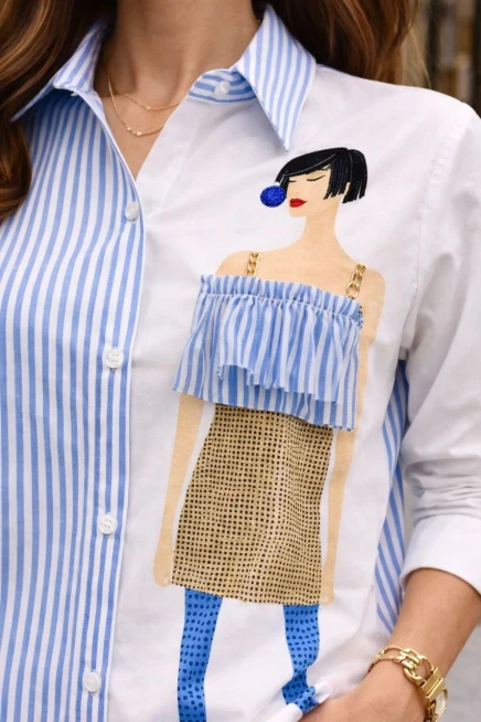 Kadın Baskılı Gömlek Çizgili Bloklu Gömlek Mavi