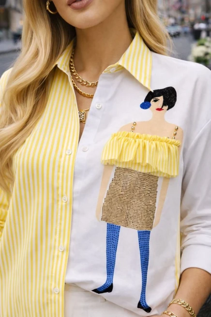 Kadın Baskılı Gömlek Çizgili Bloklu Gömlek Sarı