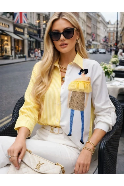 Kadın Baskılı Gömlek Çizgili Bloklu Gömlek Sarı