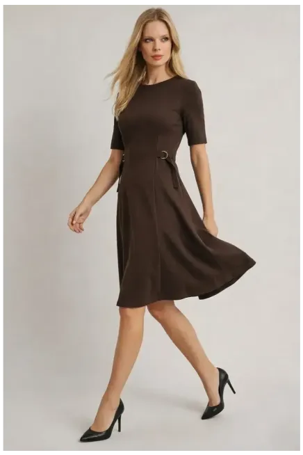 Kadın Bel Toka Detay Modal Kumaş Midiboy Elbise Kahve