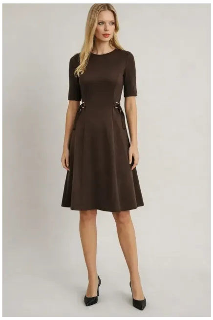 Kadın Bel Toka Detay Modal Kumaş Midiboy Elbise Kahve