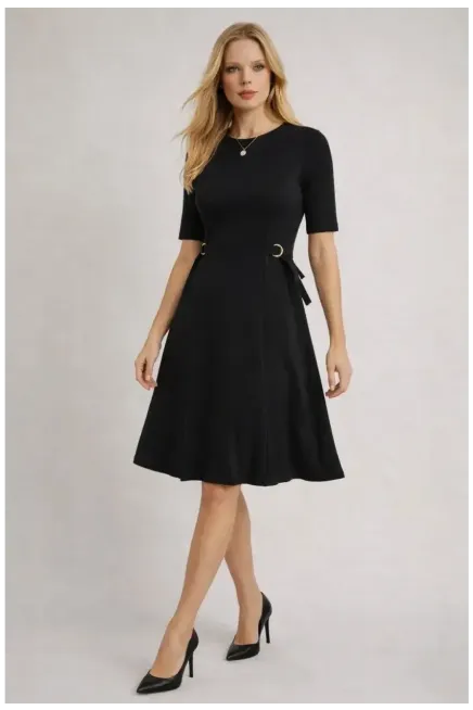 Kadın Bel Toka Detay Modal Kumaş Midiboy Elbise Siyah
