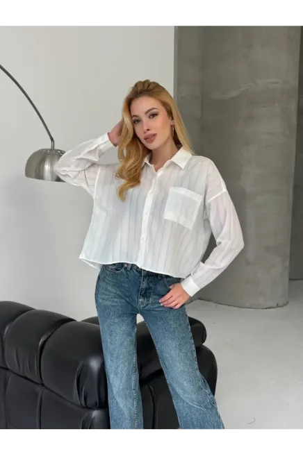 Kadın Beyaz Çizgili Salaş Gömlek
