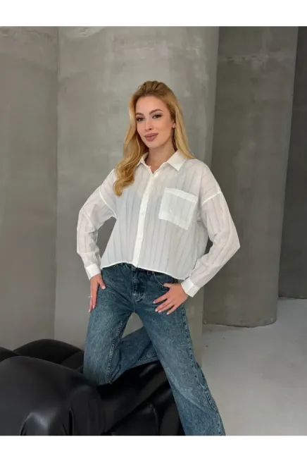 Kadın Beyaz Çizgili Salaş Gömlek