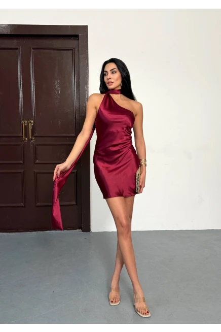 Kadın Boyun Detay Saten Mini Elbise Kırmızı