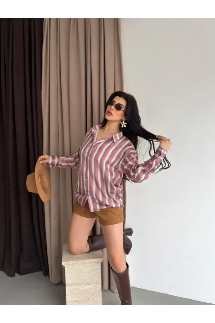 Kadın Çizgili Desenli Saten Gömlek