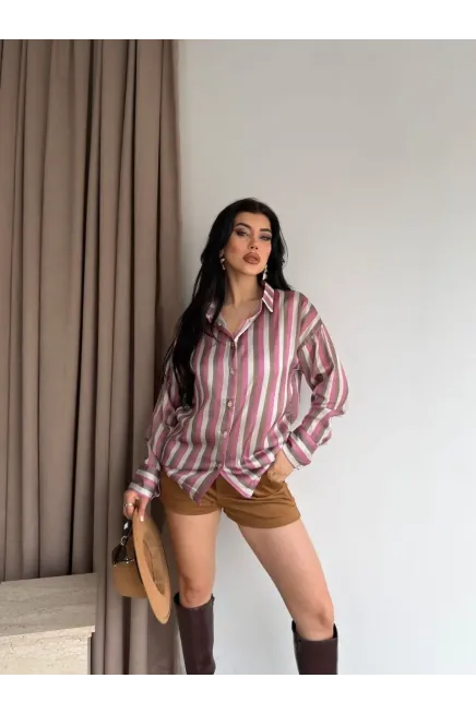 Kadın Çizgili Desenli Saten Gömlek