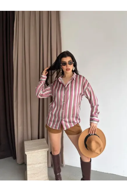Kadın Çizgili Desenli Saten Gömlek