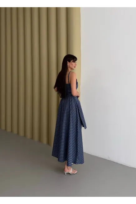 Kadın Ekose Dantelli Sırt Gipeli Elbise Mavi