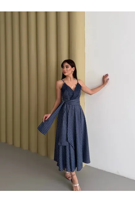 Kadın Ekose Dantelli Sırt Gipeli Elbise Mavi