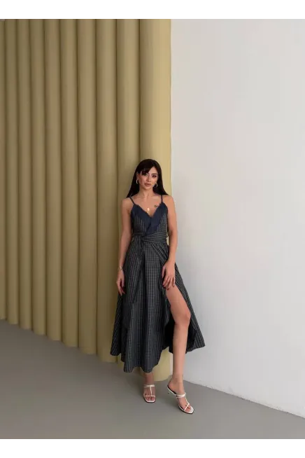 Kadın Ekose Dantelli Sırt Gipeli Elbise Yeşil