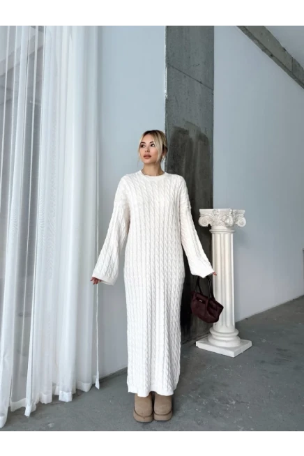 Kadın Ekru Bisiklet Yaka Saç Örgülü Kadın Triko Midi Elbise