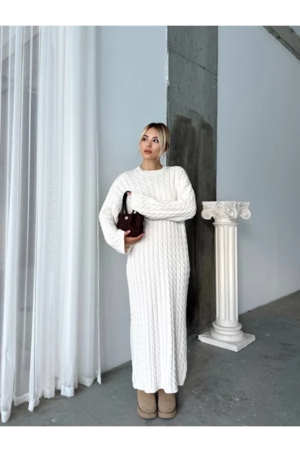 Kadın Ekru Bisiklet Yaka Saç Örgülü Kadın Triko Midi Elbise