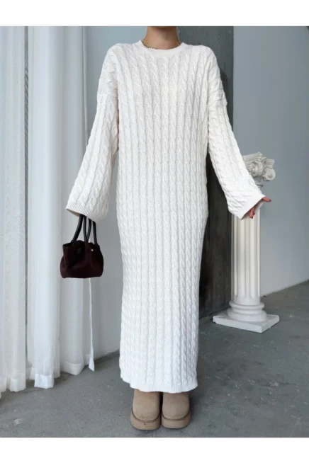 Kadın Ekru Bisiklet Yaka Saç Örgülü Kadın Triko Midi Elbise