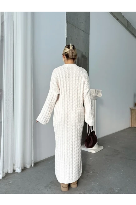 Kadın Ekru Bisiklet Yaka Saç Örgülü Kadın Triko Midi Elbise