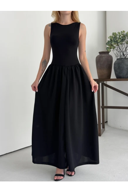 Kadın Kayık Yaka Üstü Esnek Viskon Alt Geniş Poplin Dokuma Kolsuz Siyah Elbise