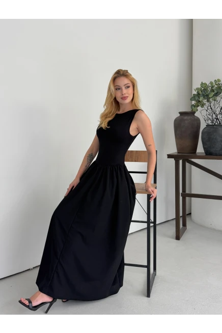 Kadın Kayık Yaka Üstü Esnek Viskon Alt Geniş Poplin Dokuma Kolsuz Siyah Elbise