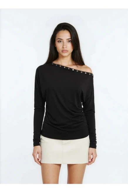 Kadın Kayık Yaka Yarasa Kol Yakası Troklu Lycralı Penye Bluz
