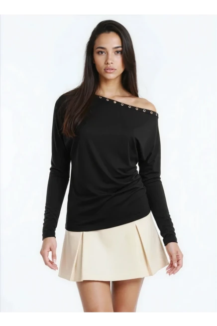 Kadın Kayık Yaka Yarasa Kol Yakası Troklu Lycralı Penye Bluz