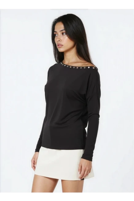 Kadın Kayık Yaka Yarasa Kol Yakası Troklu Lycralı Penye Bluz