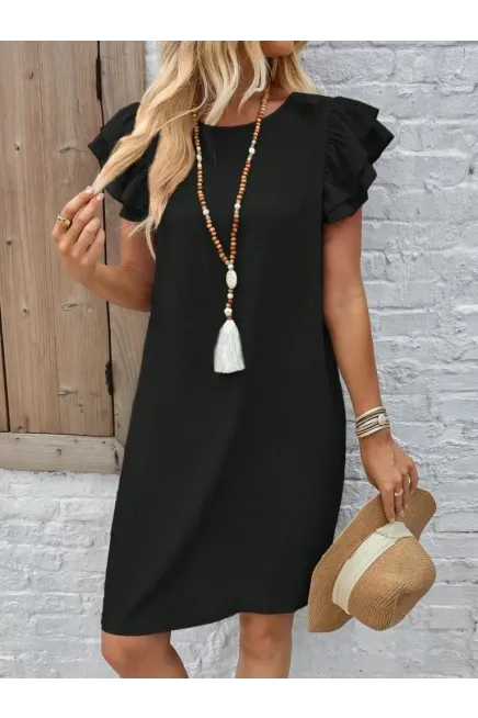 Kadın Kısa Kollu Bisiklet Yaka Fırfırlı Kısa Bürümcük Elbise