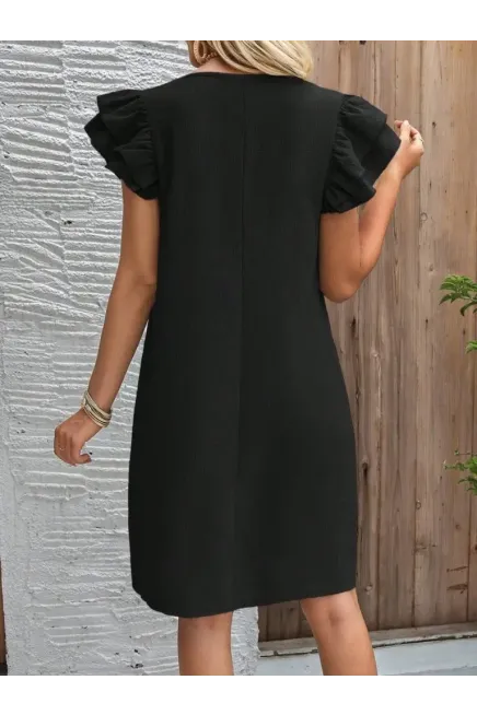 Kadın Kısa Kollu Bisiklet Yaka Fırfırlı Kısa Bürümcük Elbise