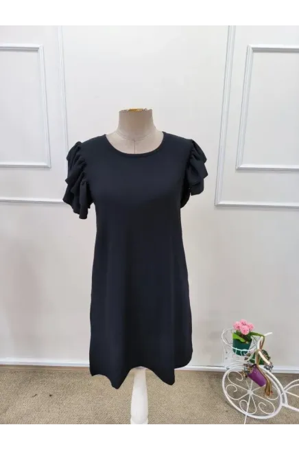 Kadın Kısa Kollu Bisiklet Yaka Fırfırlı Kısa Bürümcük Elbise