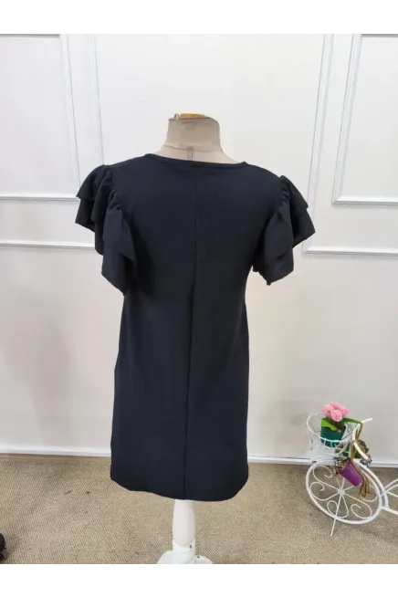 Kadın Kısa Kollu Bisiklet Yaka Fırfırlı Kısa Bürümcük Elbise