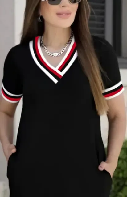 Kadın Kısa Kollu V Yaka Ribana Detay Midiboy Viskon Elbise, 24397