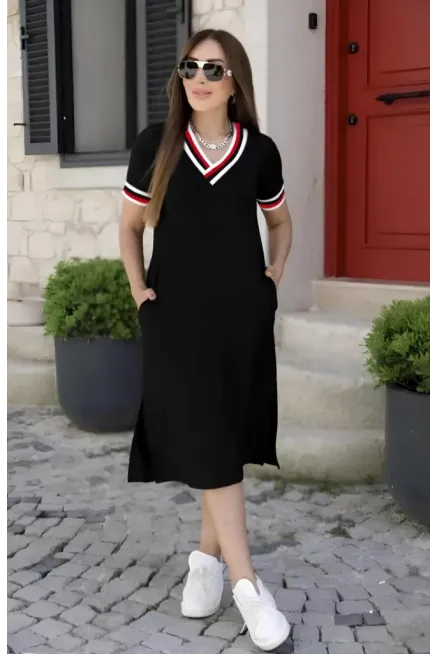 Kadın Kısa Kollu V Yaka Ribana Detay Midiboy Viskon Elbise, 24397