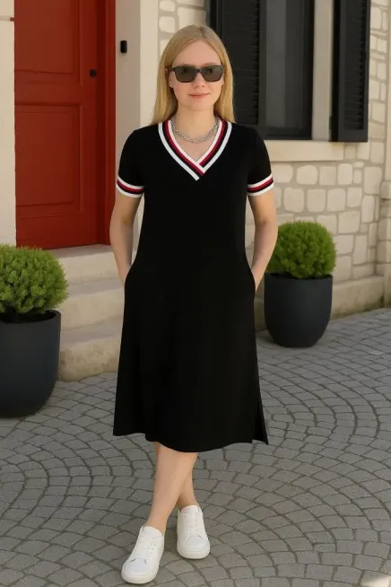 Kadın Kısa Kollu V Yaka Ribana Detay Midiboy Viskon Elbise, 24397